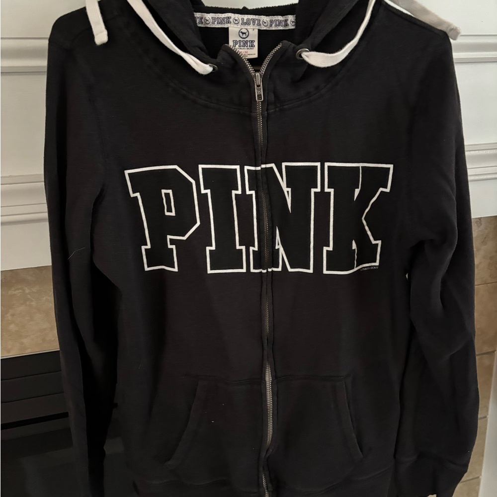 Victoria's Secret PINK Black Hoodie with White Trim and Logo